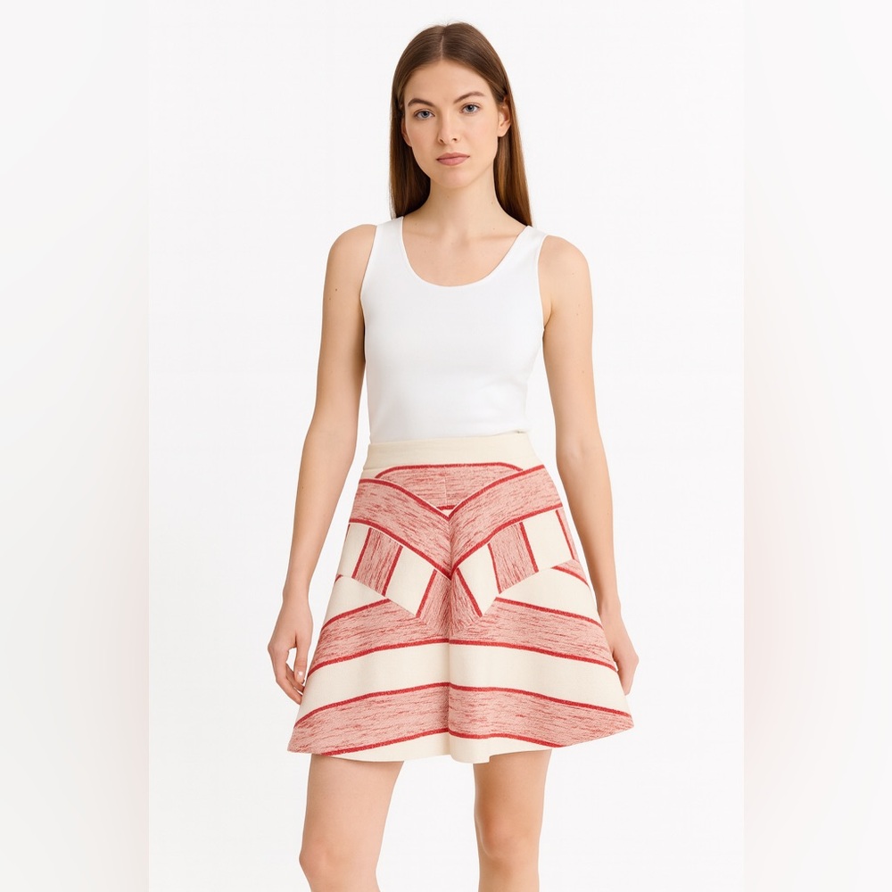 3.1 Phillip Lim LINEN Blend Chevron Red White Skirt A-Line Flare Flounce Size 8